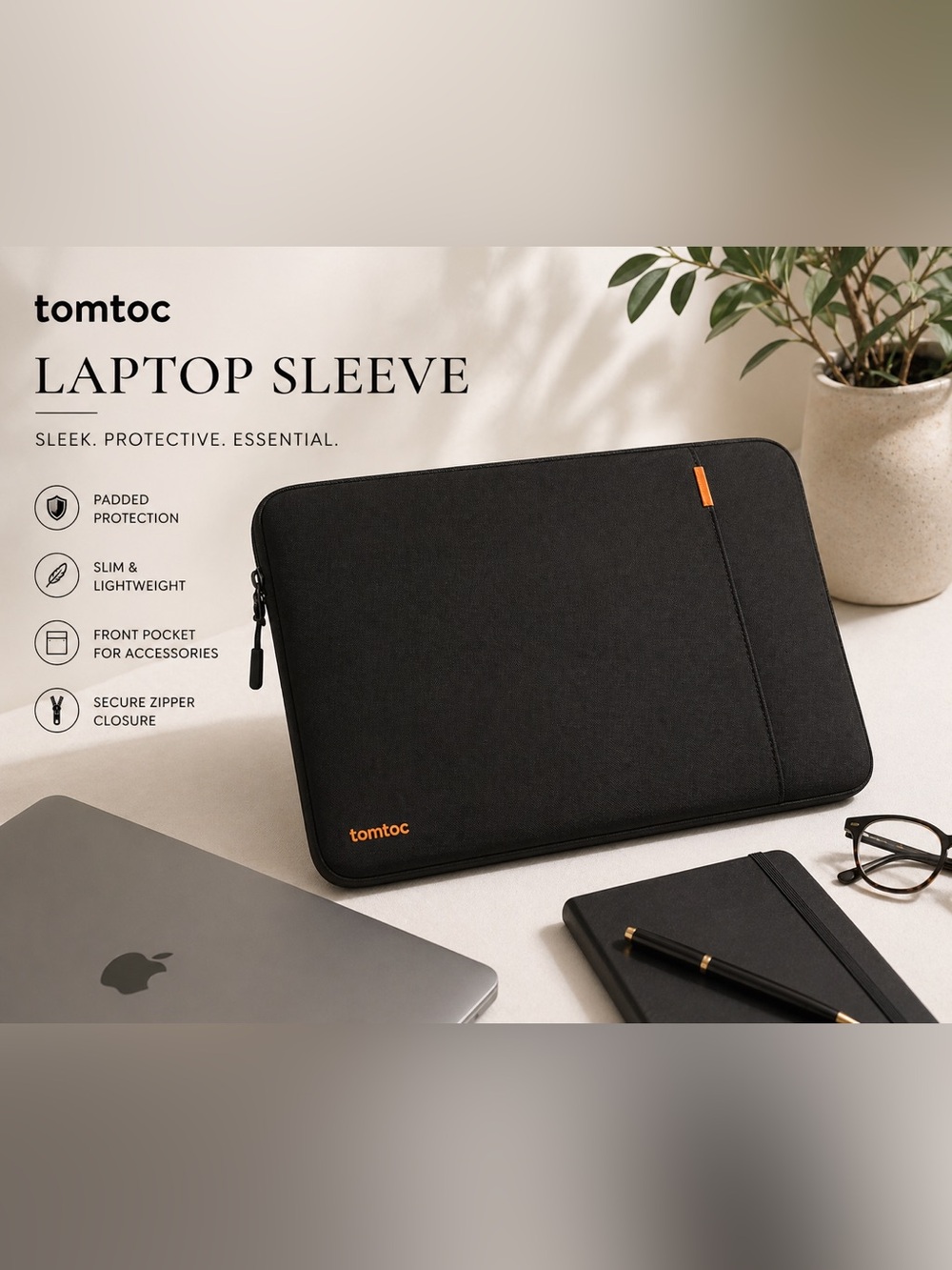 Tomtoc Laptop Sleeve Black Padded Case Slim Protective Tech Bag